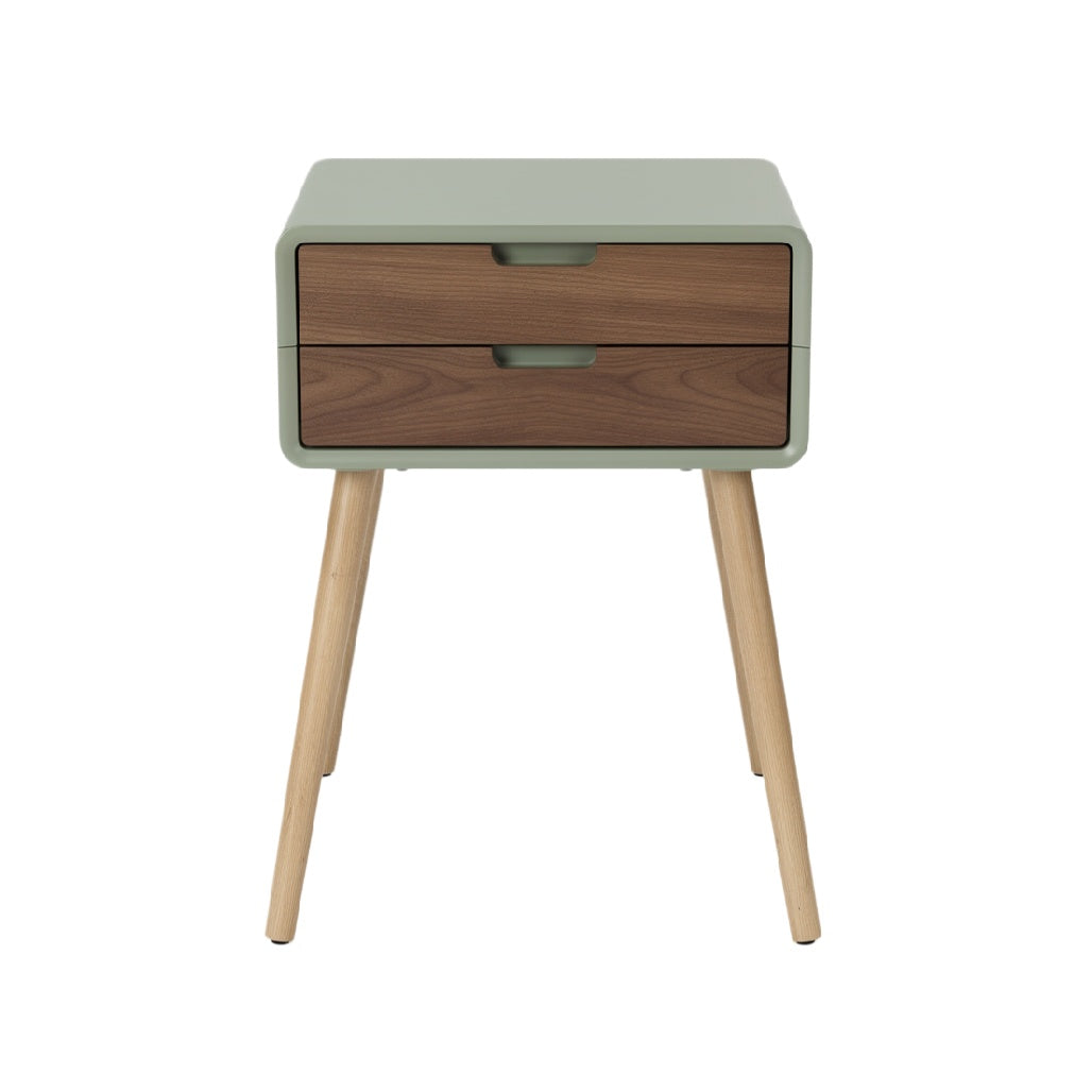 Modern Two-Drawer Nightstand with Green Finish and Wooden Legs